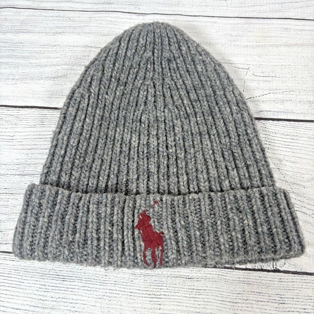 Polo Ralph Lauren Wool Blend Ribbed Cuff Knit Beanie Hat OS Gray Red Pony